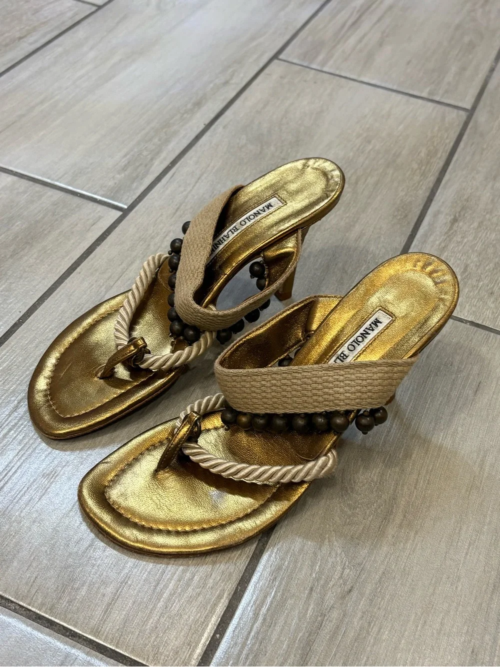 Manolo Blahnik Gold Rope-Trim Slide Sandals